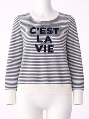 Karl Lagerfeld Black & White Striped Knit Top with Logo Label